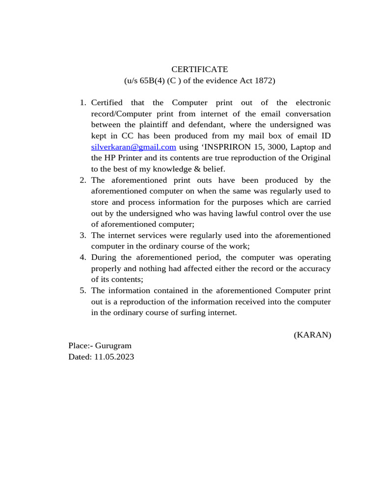 65B Certificate Format for Evidence Act | PDF