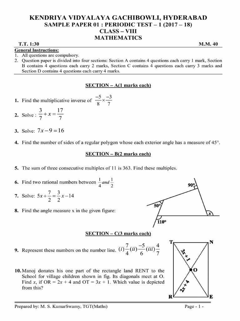 Microsoft Word - Periodic Test-1 Samper Paper 01 Class VIII 2017 | PDF