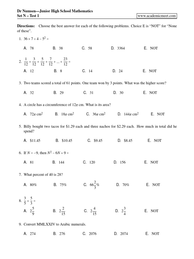 Math UIL Set N - Test | PDF | Area | Mathematics