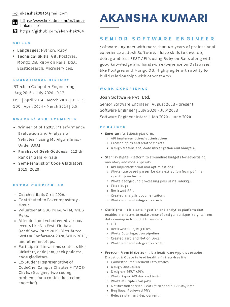 Senior Software Engineer Resume | PDF | Software | Computing