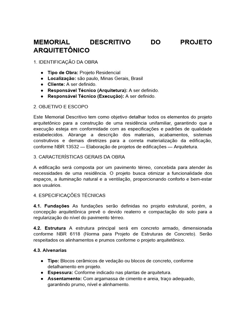 Memorial Descritivo Do Projeto Arquitetônico | PDF | Concreto ...