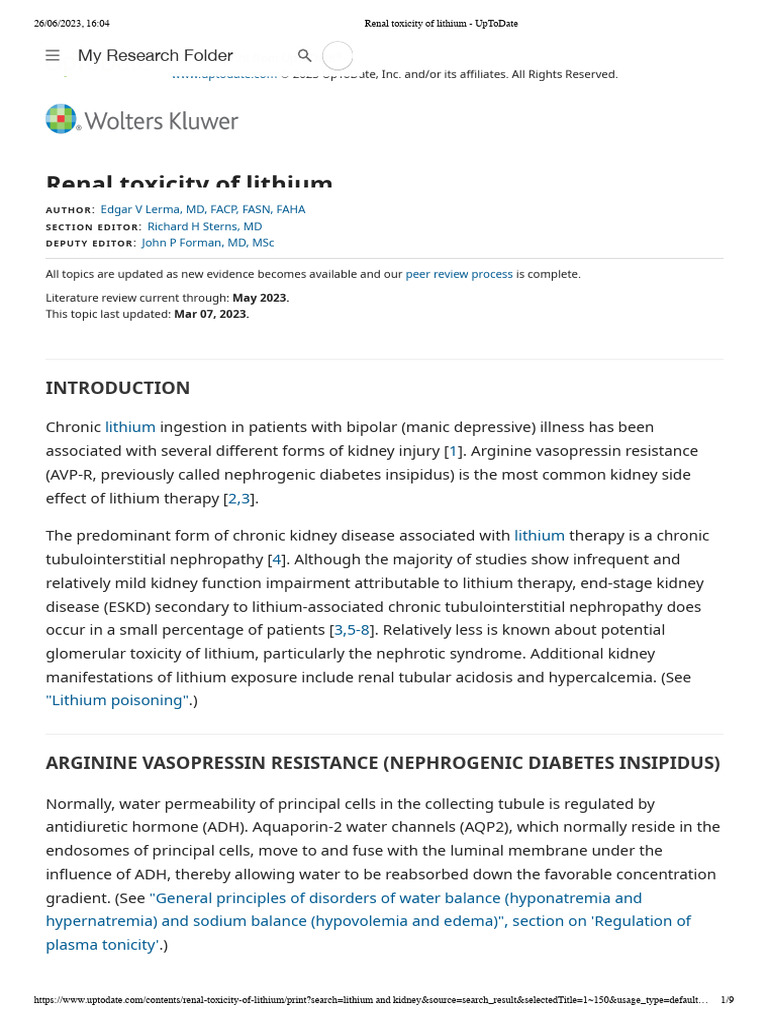 Renal Toxicity of Lithium - UpToDate | PDF | Medical Specialties | Kidney