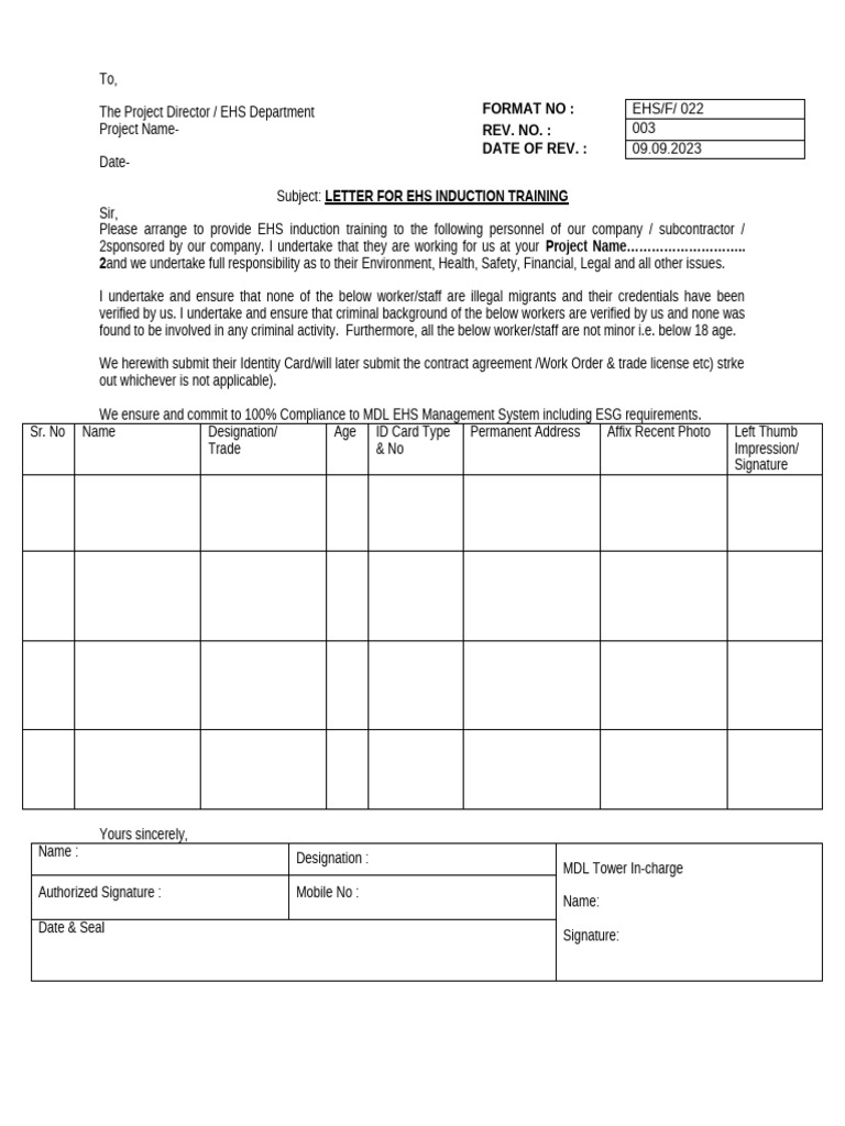 EHS Induction Training Request Letter | PDF