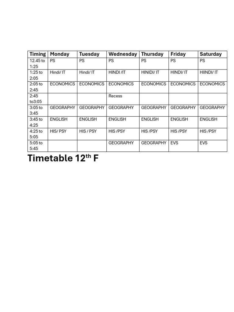 Timetable 12 F: Timing Monday Tuesday Wednesday Thursday Friday ...
