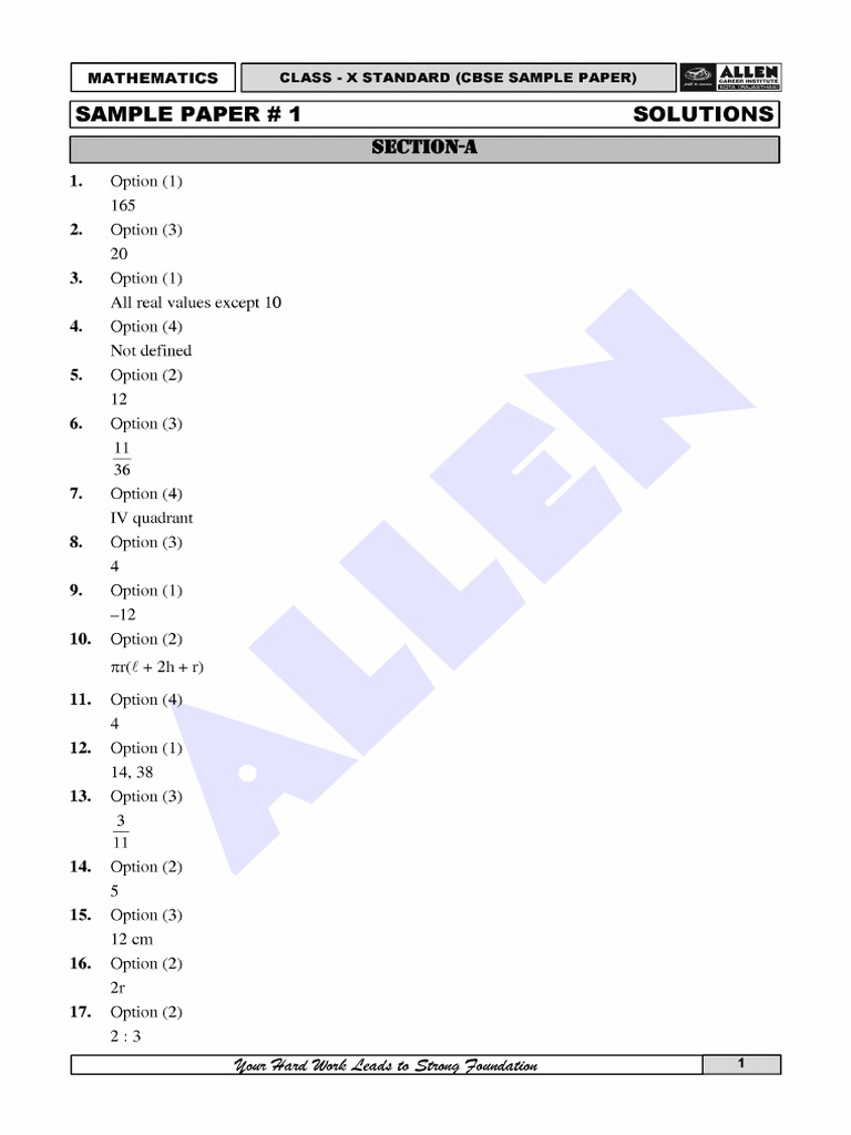 Sample Paper 1 Standard Maths Sol | PDF