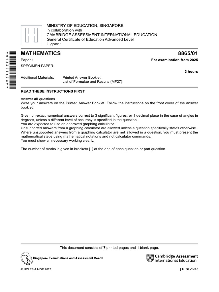 2025 A Level Mathematics Specimen Paper | PDF | Variance | Statistical ...