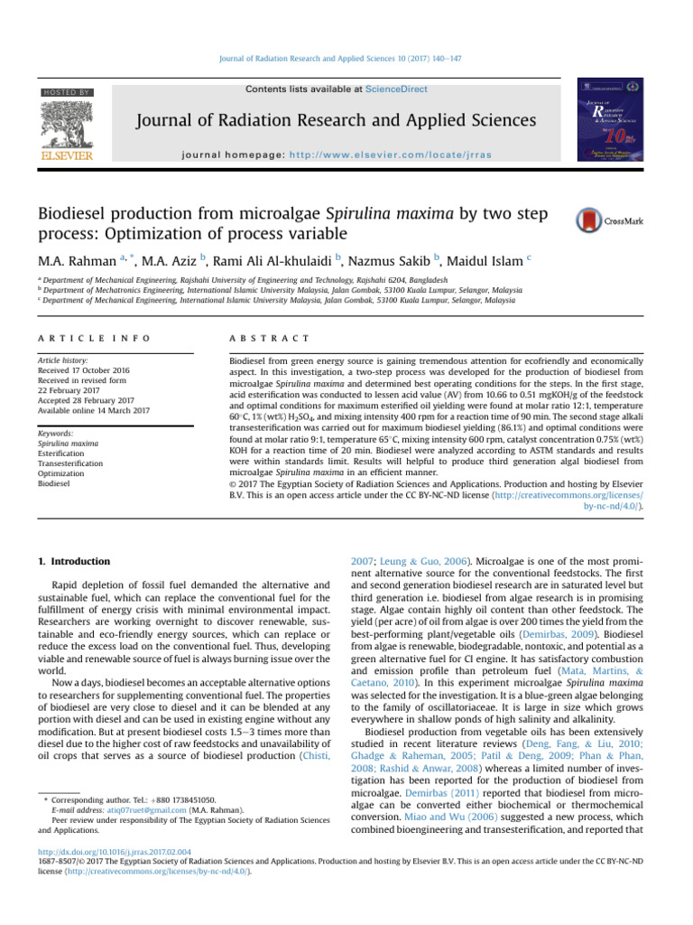 Biodiesel Production From Microalgae Spirulina Maxima by Two Step | PDF ...