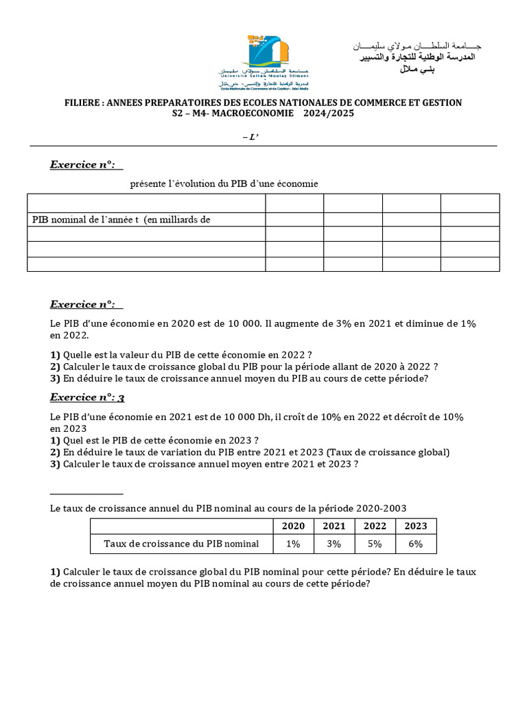 Exercice sur la Croissance du PIB 2024 | PDF | Produit intérieur brut ...
