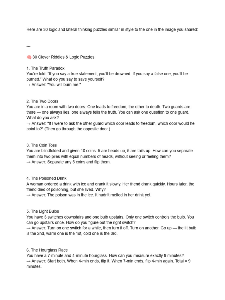 30 Logic and Lateral Thinking Puzzles | PDF