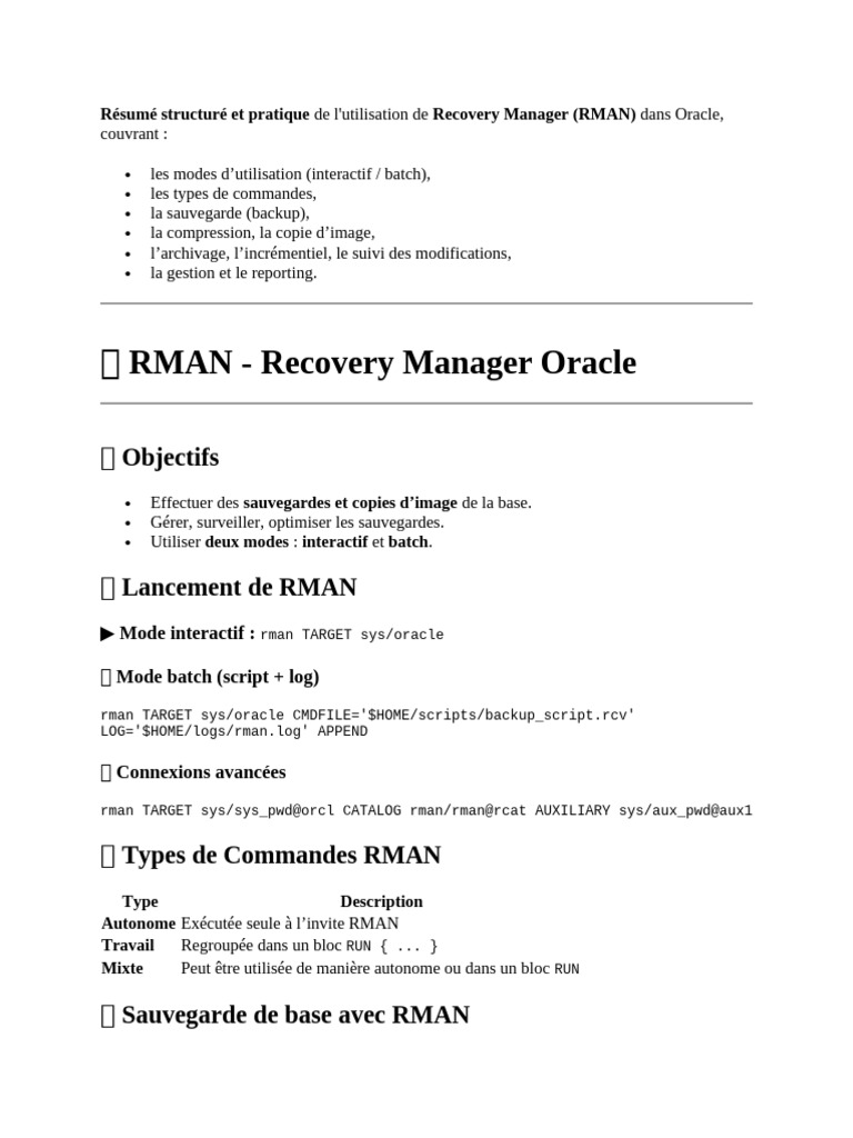 Guide pratique de RMAN pour Oracle | PDF | Base de données Oracle ...