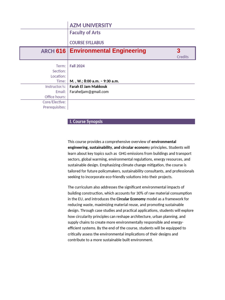 Environmental Engineering Course Syllabus | PDF | Climate Change ...