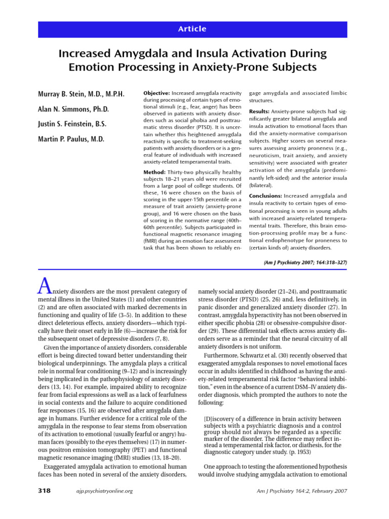 2007 - Stein - Icreased Amygdala and Insula | PDF | Anxiety | Mental ...