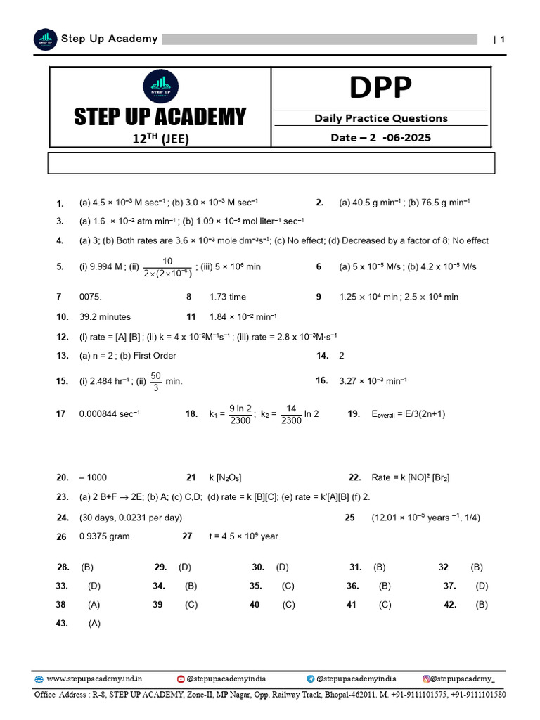 12th Jee Morning Old Batch Chemical Kinetics DPP Answer Key | PDF ...