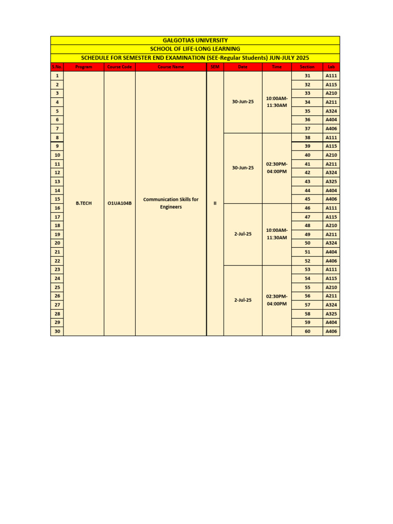 Datesheet See Even Sem SLLL Jun 25 | PDF | Qualifications | Career And ...