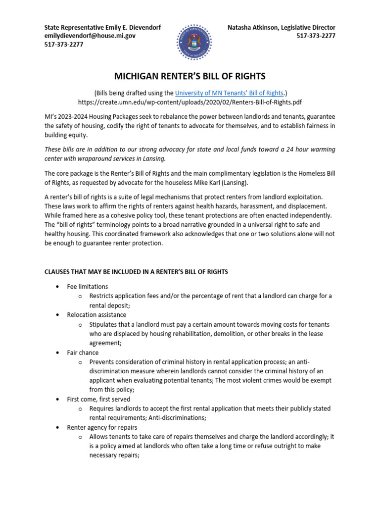 Michigan Renter's Bill of Rights Overview | PDF | Landlord | Eviction