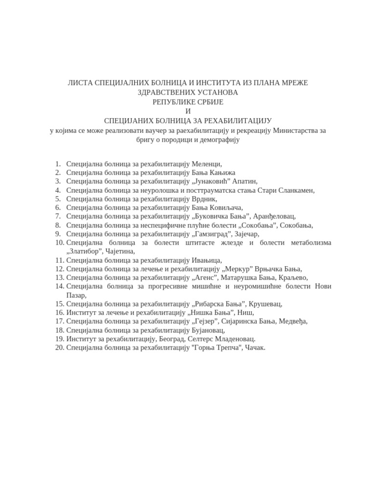 Spisak Specijalnih Bolnica I Instituta Za Koriscenje Vaucera | PDF
