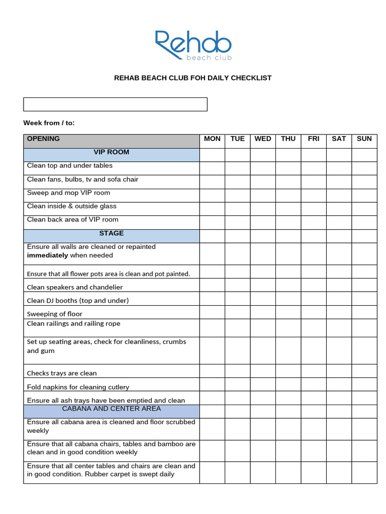 FOH Daily Cleaning Checklist | PDF