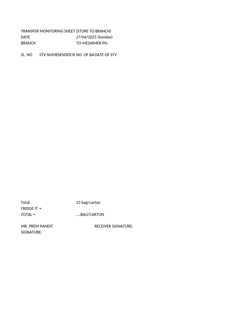 Transfer Monitoring Sheet: Store to Branch | PDF