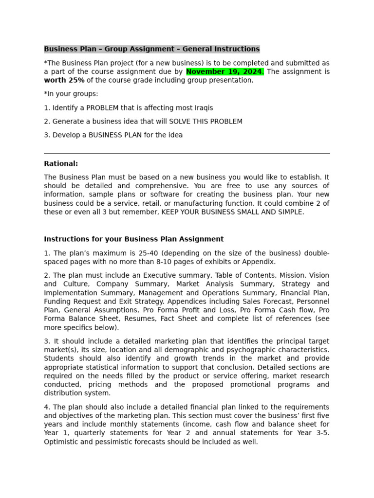 Business Plan Assignment Overview | PDF | Entrepreneurship | Market ...