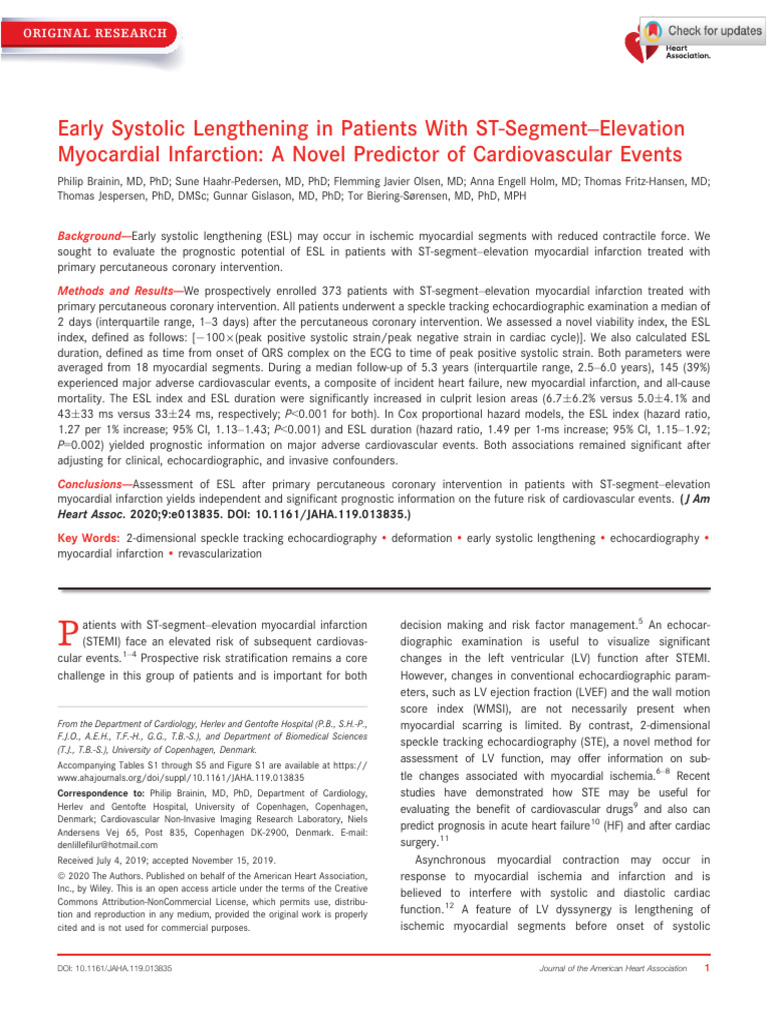 Brainin Et Al Early Systolic Lengthening in Patients With ST Segment ...