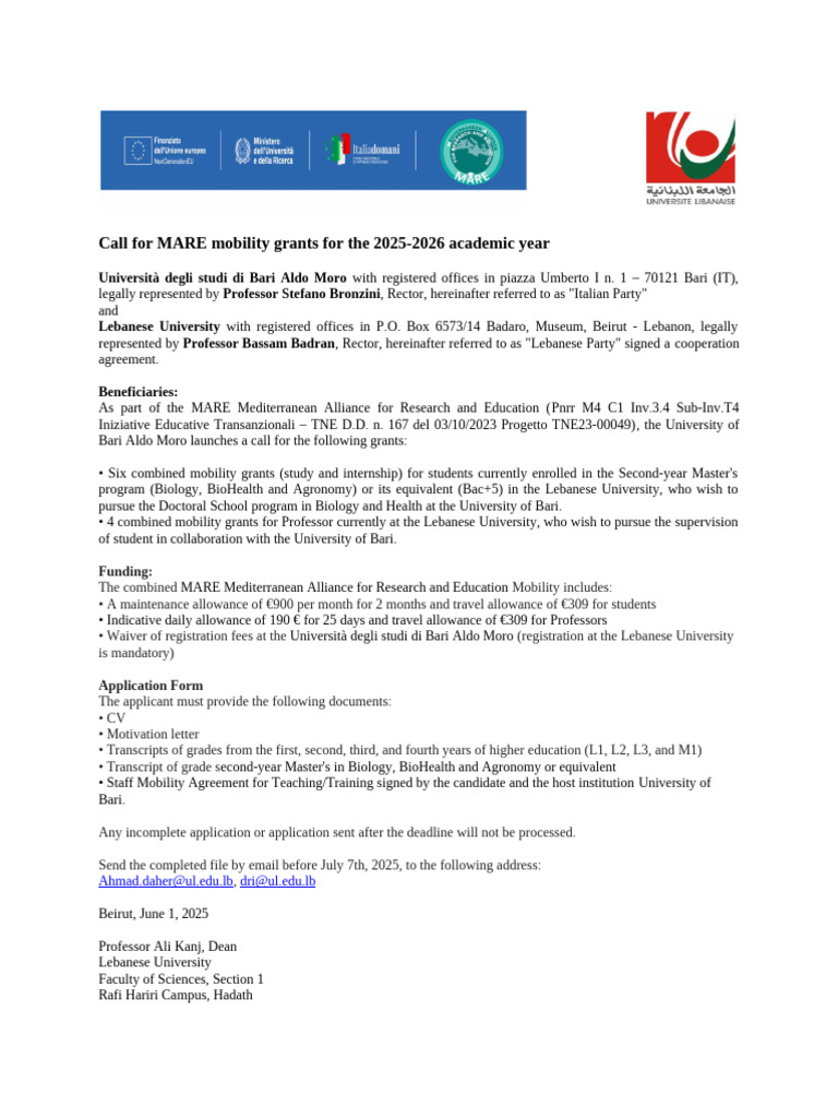 Call For MARE Mobility Grants 2025-2026 | PDF