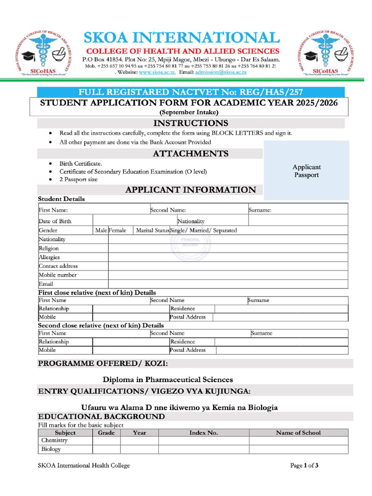 Application Form SKOA International College Final 20252026 | PDF