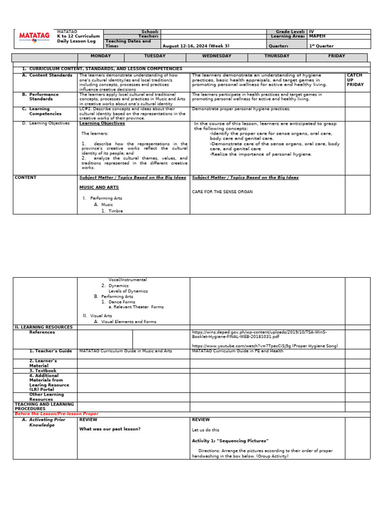 MATATAG DLL WEEK 3 MAPEH G4 | PDF | Curriculum | Shampoo