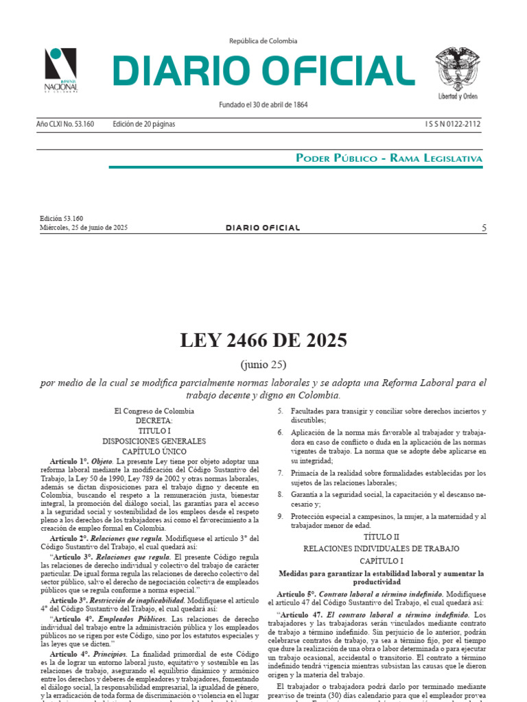 Reforma Laboral 2466 de 2025 en Colombia | PDF | Derecho laboral ...