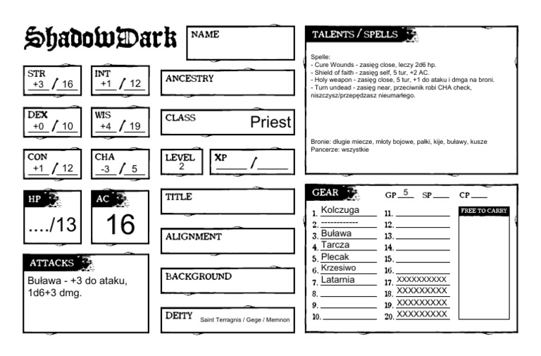 ShadowDark Character Sheet Fillable | PDF