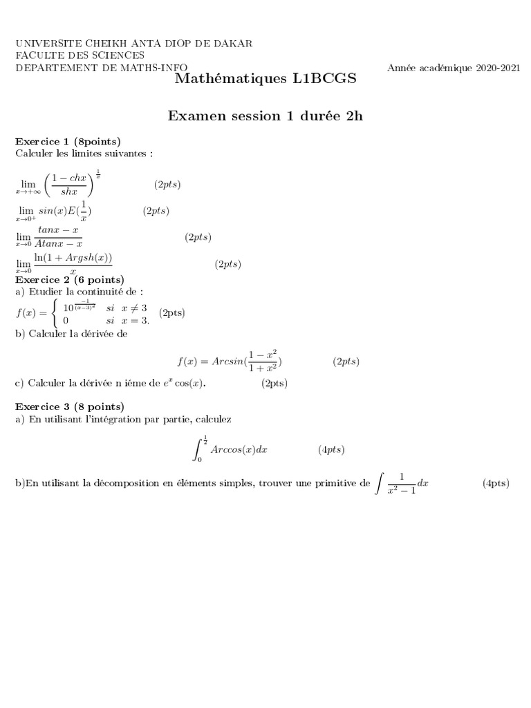 Examen de Mathématiques L1 BCGS 2021 | PDF