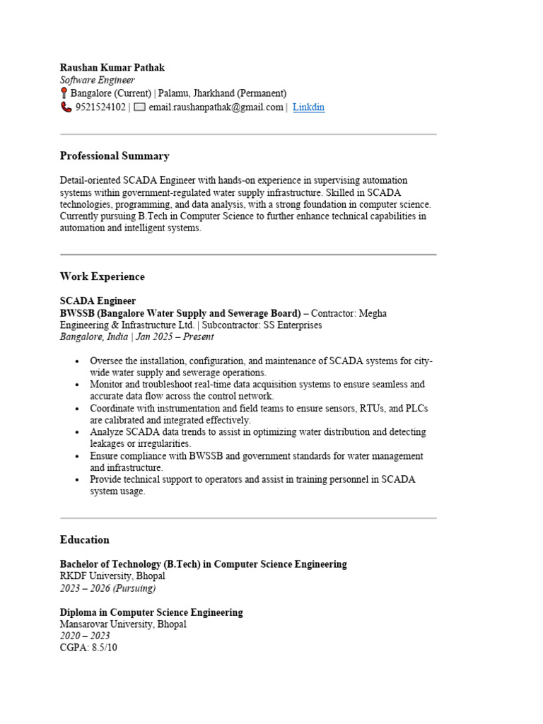 SCADA Engineer Profile: Raushan Kumar Pathak | PDF