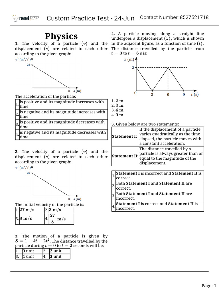 Physics Practice Test Questions | PDF | Velocity | Acceleration