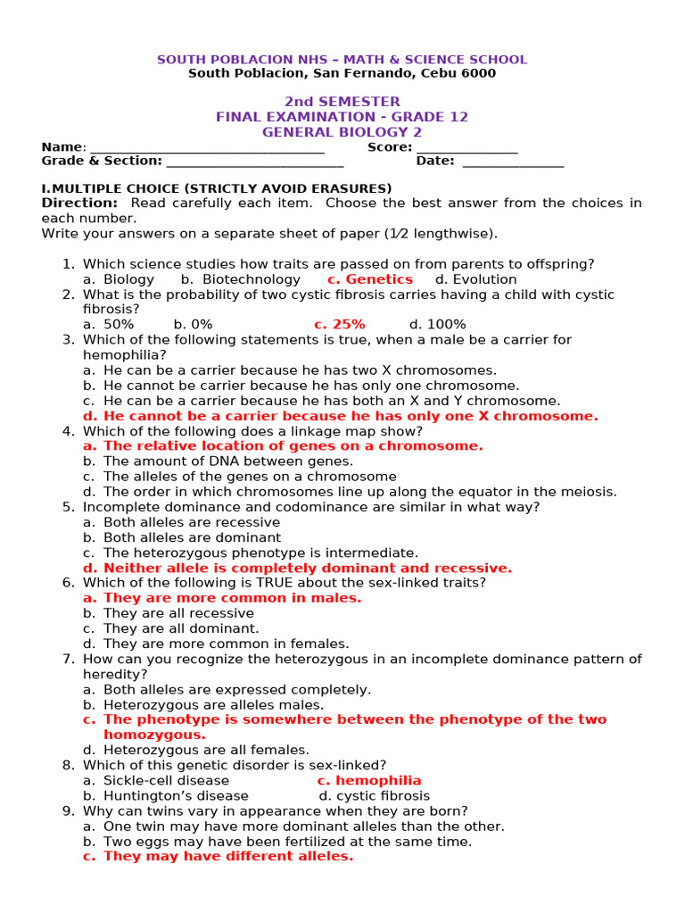 Grade 12 General Biology Exam Guide | PDF | Dominance (Genetics) | Zygosity