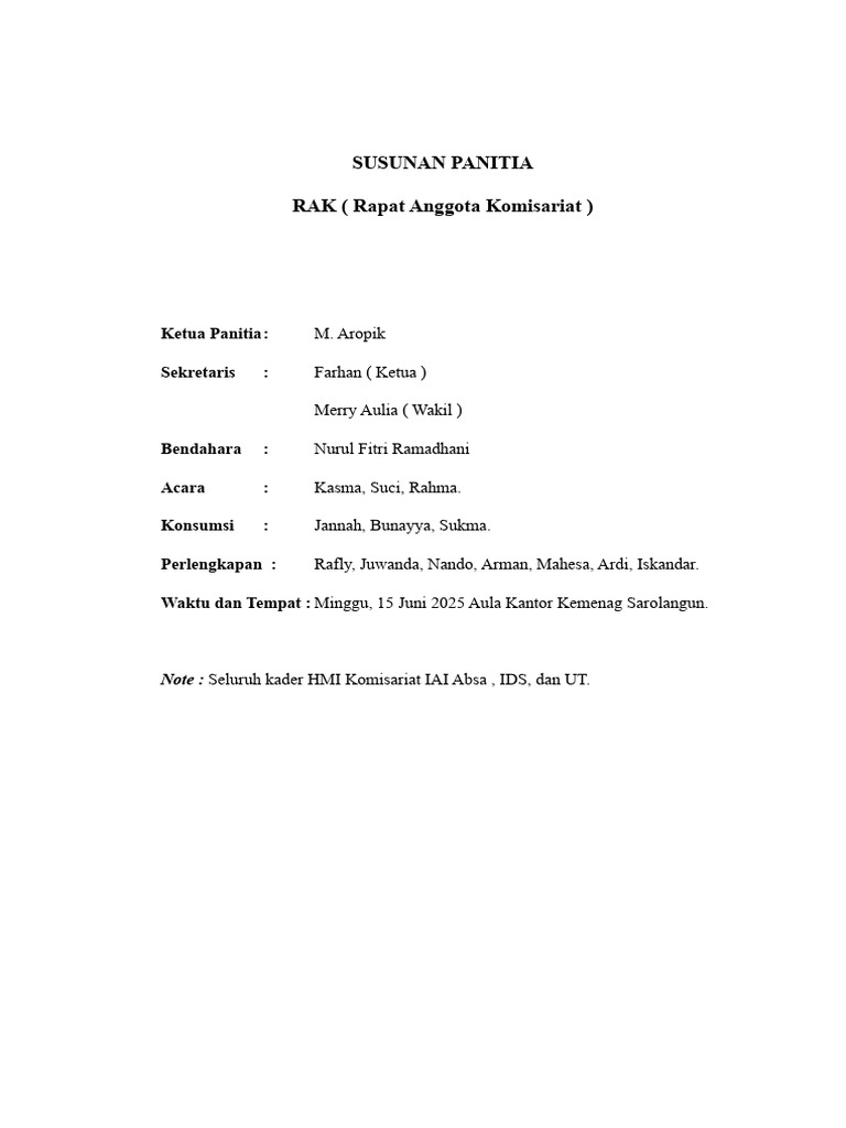 Susunan Panitia RAK HMI 2025 | PDF