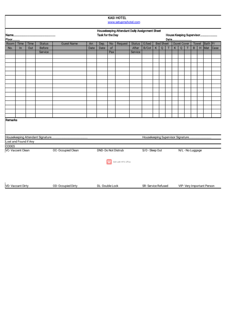 Housekeeping Daily Assignment Sheet | PDF