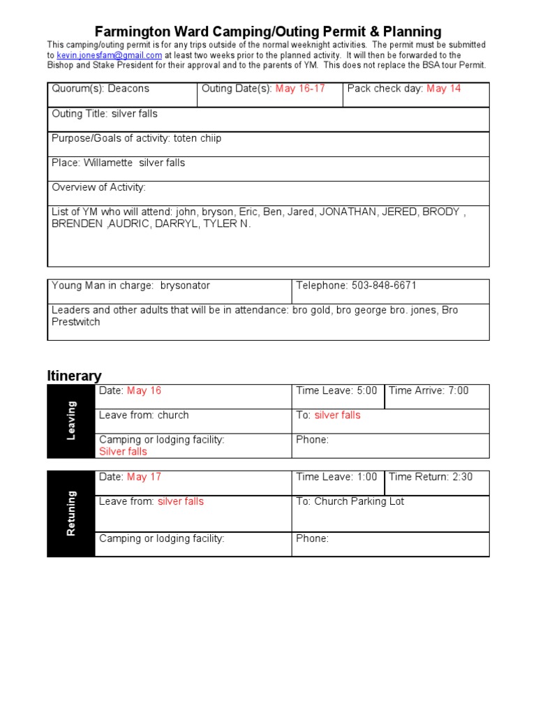 Farmington Ward Camping Permit Details | PDF
