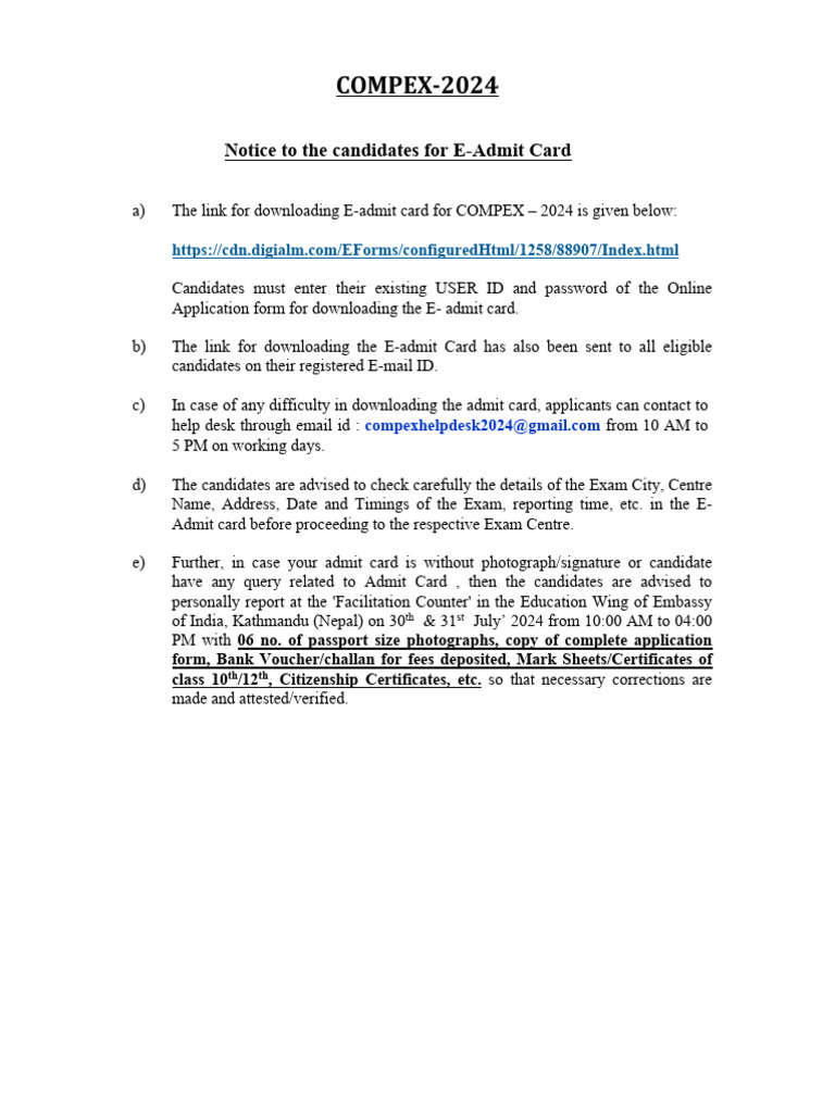 COMPEX 2024 E-Admit Card Instructions | PDF