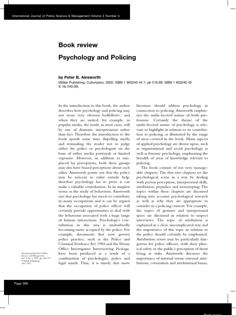 Ainsworth 2002 Book Review Psychology and Policing PDF Psychology Violence