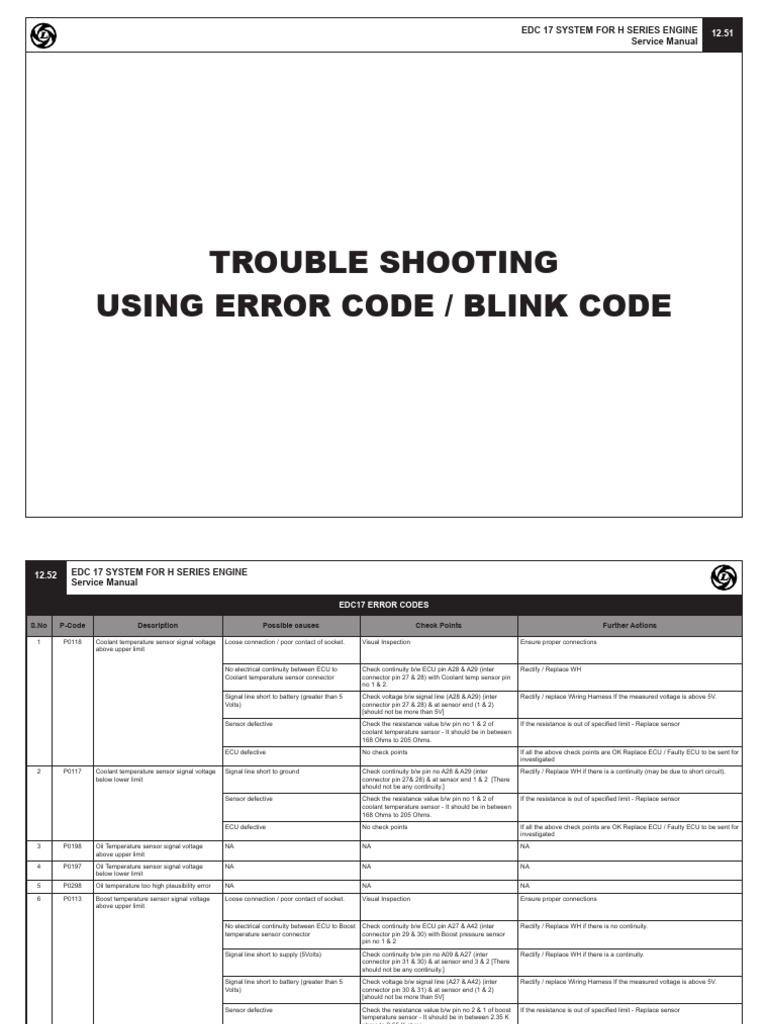 EDC 17 H Series Engine Error Codes Guide | PDF | Electrical Connector ...