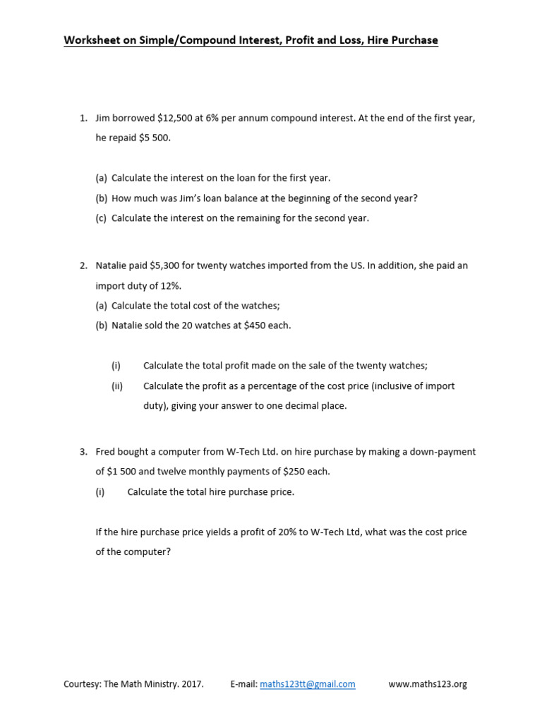 Worksheet On Simple Compound Interest, Profit and Loss, Hire Purchase ...