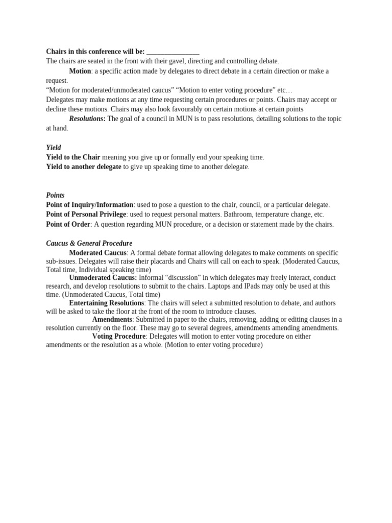 MUN Chairs and Motion Guidelines | PDF