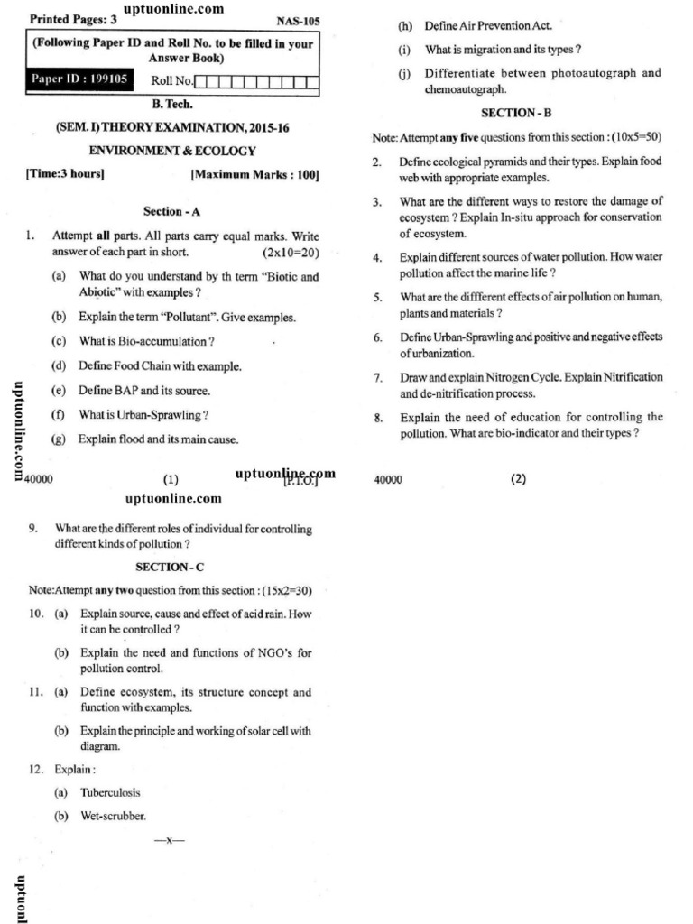 Btech 1 Sem Environment and Ecology Nas 105 2016 | PDF