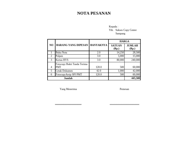 Nota Pesanan Sukses Copy Center | PDF