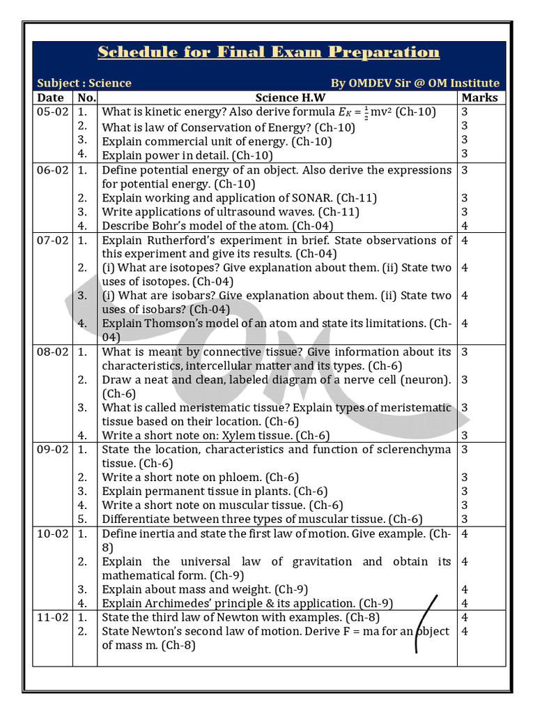 STD 9 Science Daily Task Schedule | PDF | Tissue (Biology) | Molecules