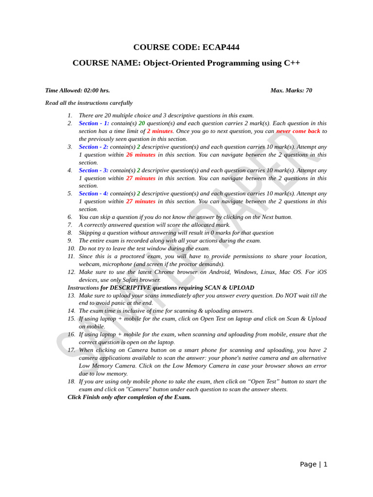 C++ Object-Oriented Programming Exam Guide | PDF | Class (Computer ...