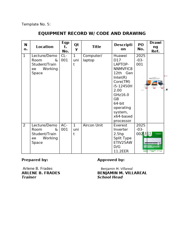 Equipment Record Template for Training Rooms | PDF