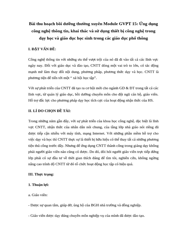 Bai Thu Hoach Boi Duong Thuong Xuyen Module GVPT 15 | PDF