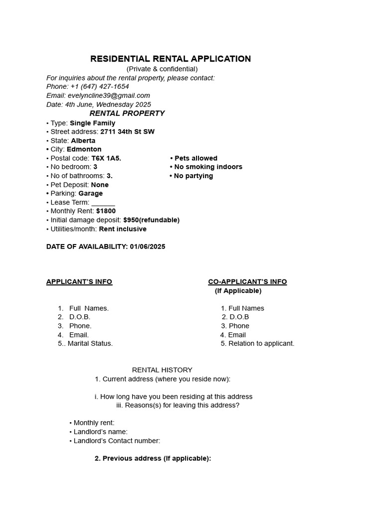 Edmonton Residential Rental Application | PDF | Lease | Landlord