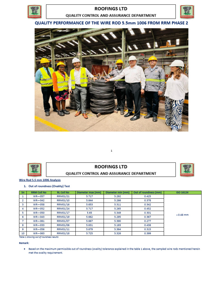 RRM Wire Rod 5.5mm 1006 Analysis - Lubowa | PDF | Wire | Materials