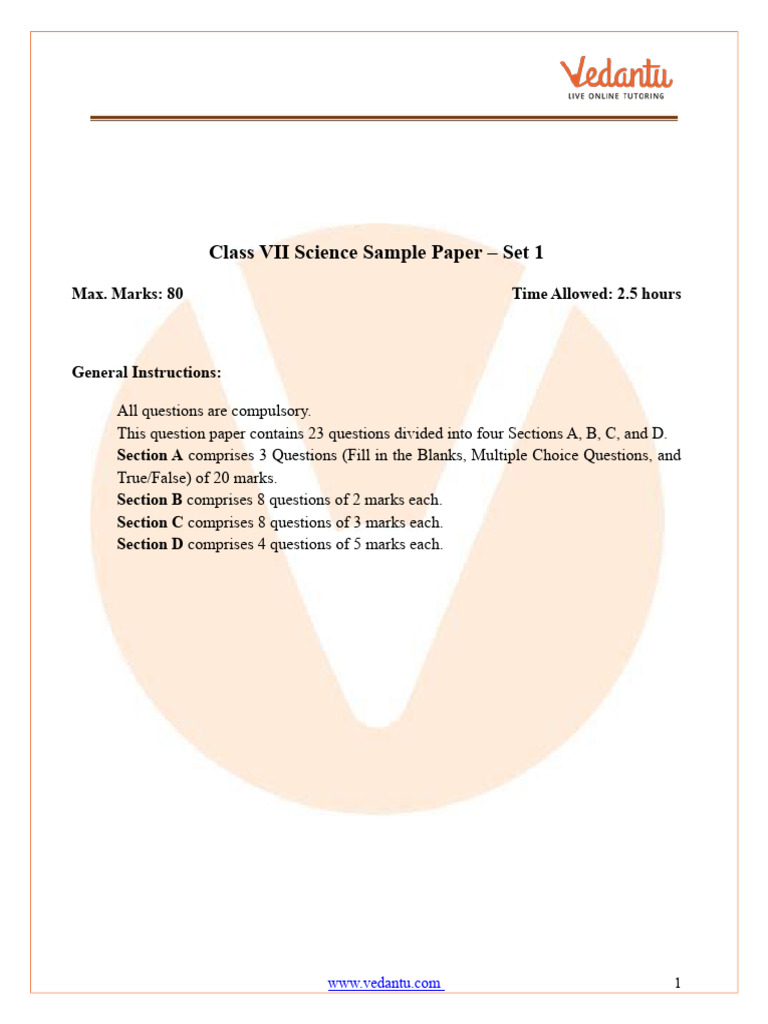 Class 7 Science Sample Paper 2025 | PDF | Carbon Dioxide | Foods